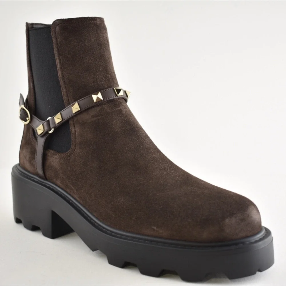 Valentino Rockstud Beatle Brown Suede 55mm Short Ankle Flat Chelsea Boot 38.5
